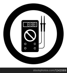 Digital multimeter for measuring electrical indicators AC DC voltage amperage ohmmeter power with probes icon in circle round black color vector illustration flat style simple image. Digital multimeter for measuring electrical indicators AC DC voltage amperage ohmmeter power with probes icon in circle round black color vector illustration flat style image