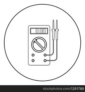 Digital multimeter for measuring electrical indicators AC DC voltage amperage ohmmeter power with probes icon in circle round outline black color vector illustration flat style simple image. Digital multimeter for measuring electrical indicators AC DC voltage amperage ohmmeter power with probes icon in circle round outline black color vector illustration flat style image