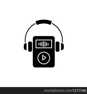 Digital music player black glyph icon. Portable MP3 player with headphones. Audio files storage gadget. Small handheld mobile device. Silhouette symbol on white space. Vector isolated illustration