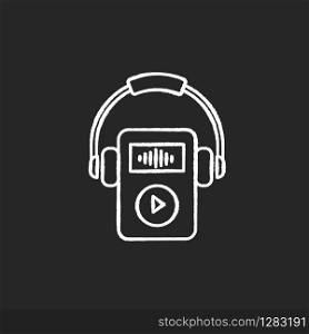 Digital music player chalk white icon on black background. Portable MP3 player with headphones. Audio files storage gadget. Mobile device for playing music. Isolated vector chalkboard illustration