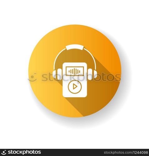 Digital music player flat design long shadow glyph icon. Portable MP3 player with headphones. Audio files storage gadget. Small mobile device for playing music. . Silhouette RGB color illustration