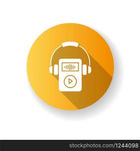 Digital music player flat design long shadow glyph icon. Portable MP3 player with headphones. Audio files storage gadget. Small mobile device for playing music. . Silhouette RGB color illustration