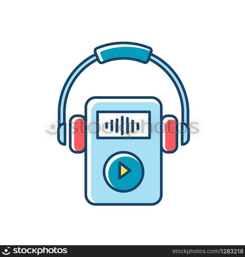 Digital music player RGB color icon. Portable MP3 player with headphones. Audio files storage gadget. Small handheld mobile device for playing music. Technology. Isolated vector illustration