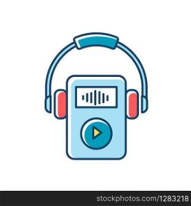 Digital music player RGB color icon. Portable MP3 player with headphones. Audio files storage gadget. Small handheld mobile device for playing music. Technology. Isolated vector illustration