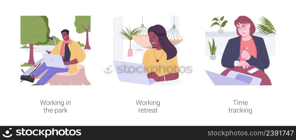 Digital nomad isolated cartoon vector illustrations set. Working in the park, staff retreat, tracking time with smartphone app, distance job, freelancers lifestyle, working schedule vector cartoon.. Digital nomad isolated cartoon vector illustrations set.