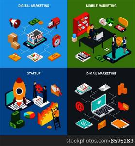 Digital online and mobile marketing and business start up tools 2x2 isometric concept on colorful background 3d isolated vector illustration. Digital Marketing 2x2 Isometric Concept