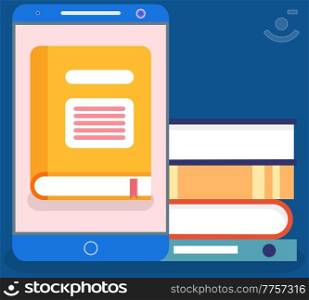 Digital online library on smartphone. Distance education with modern technology application in phone. Screen with virtual textbook and stack of multicolored books. Electronic library flat concept. Digital online library on smartphone. Distance education with modern technology application in phone