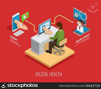 Digital Online Medical Care Isometric Template. Digital online medical care isometric template with doctor consultation and medicines reception isolated vector illustration
