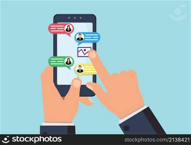 Digital or electronic chatting on cellphone, online chat messages text notification on mobile phone. Hand holds smartphone sms speech bubbles push alerts on screen, vector illustration.