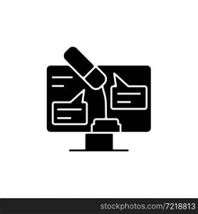 Digital oratory black glyph icon. Online public speaking. Improve communication and presentation skills. Virtual meeting. Online speech. Silhouette symbol on white space. Vector isolated illustration. Digital oratory black glyph icon