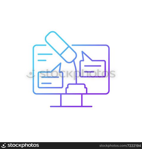 Digital oratory gradient linear vector icon. Online public speaking. Virtual meeting. Online speech. Presentation skill. Thin line color symbol. Modern style pictogram. Vector isolated outline drawing. Digital oratory gradient linear vector icon