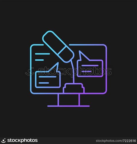 Digital oratory gradient vector icon for dark theme. Online public speaking. Virtual meeting. Online speech. Thin line color symbol. Modern style pictogram. Vector isolated outline drawing. Digital oratory gradient vector icon for dark theme