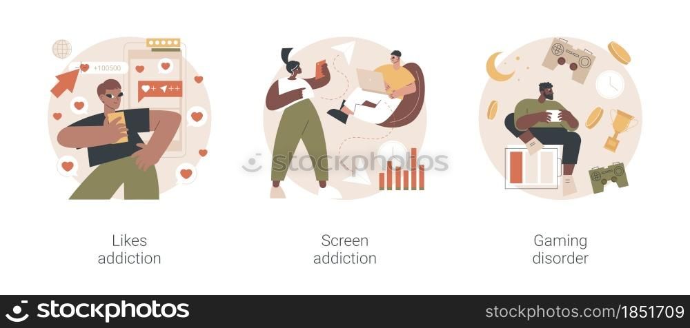 Digital overload abstract concept vector illustration set. Likes and screen addiction, social media, gaming disorder, selfie posting, video game addict, mental health problem abstract metaphor.. Digital overload abstract concept vector illustrations.