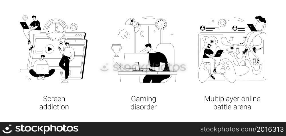 Digital overload abstract concept vector illustration set. Screen addiction, gaming disorder, multiplayer online battle arena, mental health, gaming platform, real-time strategy abstract metaphor.. Digital overload abstract concept vector illustrations.