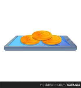 Digital phone coins icon. Cartoon of digital phone coins vector icon for web design isolated on white background. Digital phone coins icon, cartoon style