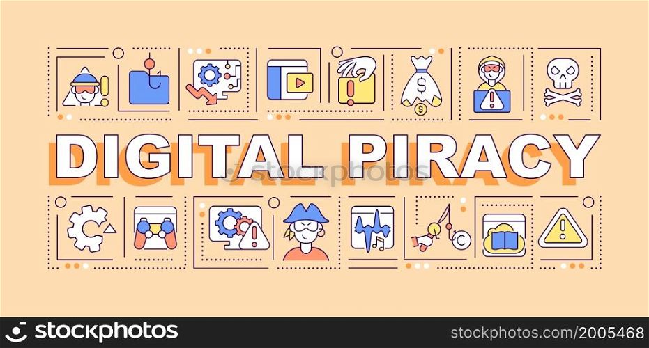 Digital piracy word concepts banner. Intellectual property crime. Infographics with linear icons on orange background. Isolated creative typography. Vector outline color illustration with text. Digital piracy word concepts banner