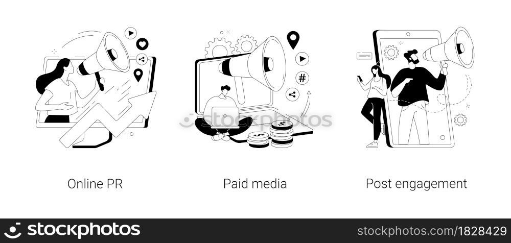 Digital PR service abstract concept vector illustration set. Online PR, paid media, post engagement, copywriting, corporate communication, follower interaction, public relations abstract metaphor.. Digital PR service abstract concept vector illustrations.