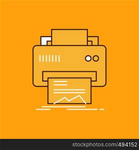 Digital, printer, printing, hardware, paper Flat Line Filled Icon. Beautiful Logo button over yellow background for UI and UX, website or mobile application. Vector EPS10 Abstract Template background