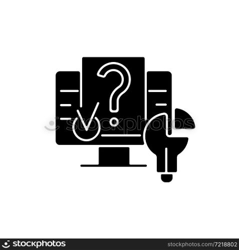 Digital problem solving black glyph icon. Presenting solution through software. Solving technical problems. Using digital environment. Silhouette symbol on white space. Vector isolated illustration. Digital problem solving black glyph icon