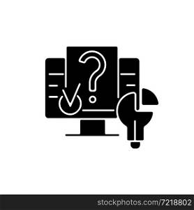 Digital problem solving black glyph icon. Presenting solution through software. Solving technical problems. Using digital environment. Silhouette symbol on white space. Vector isolated illustration. Digital problem solving black glyph icon