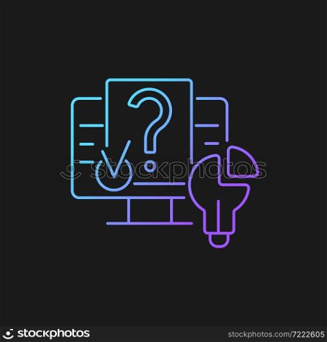 Digital problem solving gradient vector icon for dark theme. Solving technical problems. Using digital environment. Thin line color symbol. Modern style pictogram. Vector isolated outline drawing. Digital problem solving gradient vector icon for dark theme
