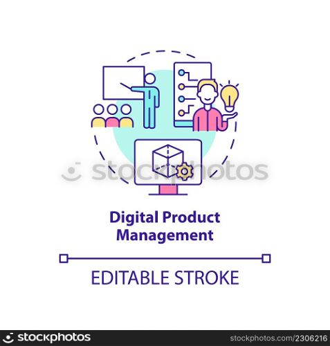 Digital product management concept icon. Project control. Advanced digital skills abstract idea thin line illustration. Isolated outline drawing. Editable stroke. Arial, Myriad Pro-Bold fonts used. Digital product management concept icon