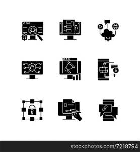 Digital proficiency black glyph icons set on white space. Identifying risks. Internet safety. Cloud solutions. Cashless payment. Promotion strategy. Silhouette symbols. Vector isolated illustration. Digital proficiency black glyph icons set on white space