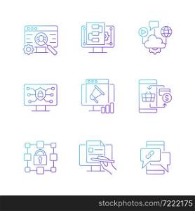 Digital proficiency gradient linear vector icons set. Identify risks. Internet safety. Cloud solutions. Promotion strategy. Thin line contour symbols bundle. Isolated outline illustrations collection. Digital proficiency gradient linear vector icons set