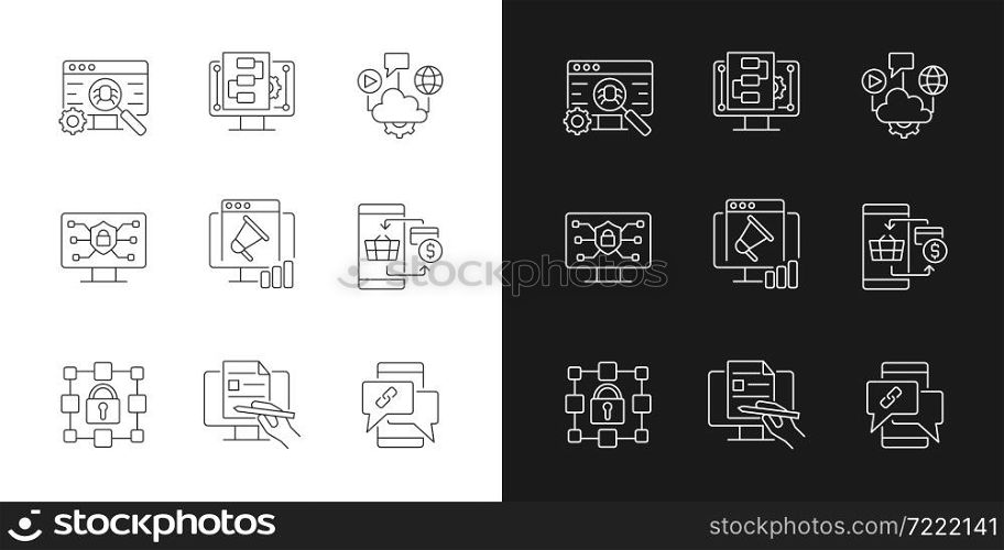 Digital proficiency linear icons set for dark and light mode. Internet safety. Cloud solutions. Promo strategy. Customizable thin line symbols. Isolated vector outline illustrations. Editable stroke. Digital proficiency linear icons set for dark and light mode