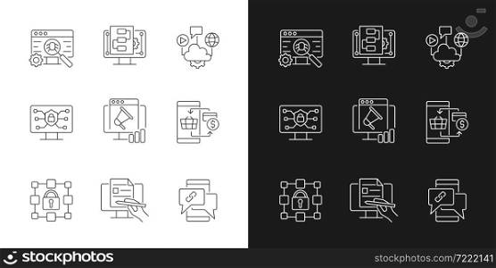 Digital proficiency linear icons set for dark and light mode. Internet safety. Cloud solutions. Promo strategy. Customizable thin line symbols. Isolated vector outline illustrations. Editable stroke. Digital proficiency linear icons set for dark and light mode