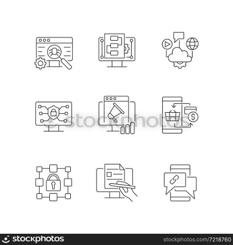 Digital proficiency linear icons set. Internet safety. Cloud solutions. Promotion strategy. Customizable thin line contour symbols. Isolated vector outline illustrations. Editable stroke. Digital proficiency linear icons set