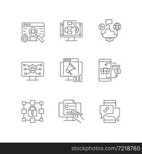 Digital proficiency linear icons set. Internet safety. Cloud solutions. Promotion strategy. Customizable thin line contour symbols. Isolated vector outline illustrations. Editable stroke. Digital proficiency linear icons set