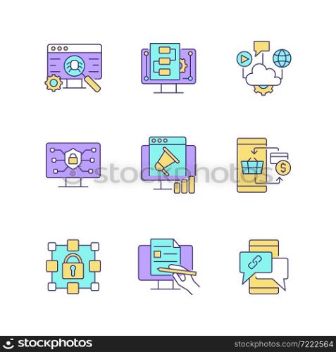 Digital proficiency RGB color icons set. Identifying risks. Internet safety. Cloud solutions. Cashless payment. Isolated vector illustrations. Simple filled line drawings collection. Editable stroke. Digital proficiency RGB color icons set