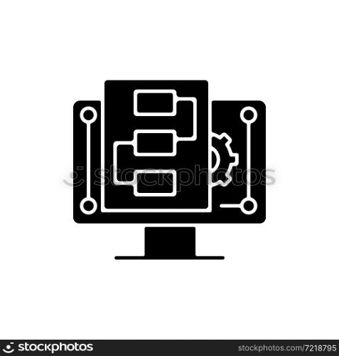 Digital project management black glyph icon. Organising resources. Managing online projects. Planning, execution. Monitoring progress. Silhouette symbol on white space. Vector isolated illustration. Digital project management black glyph icon