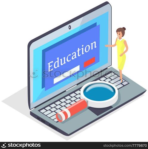 Digital reading, e-classroom textbook, modern education, e-learning, online training and course concept. Girl is looking at laptop screen with interface of program for learning via Internet. Girl is looking at screen with interface of program for studying via Internet, online education