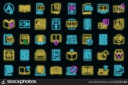 Digital reading icons set outline vector. Library book. Audiobook publishing. Digital reading icons set vector neon