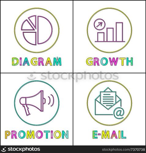Digital round linear icons templates for web site. Visual diagram, growth chart, promotion function and email service isolated vector illustrations.. Digital Round Linear Icons Templates for Web Site