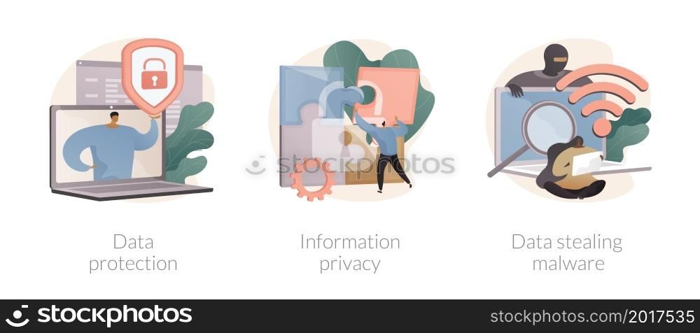 Digital security abstract concept vector illustration set. Data protection, information privacy, data stealing malware, hacker attack, cyber crime, access policy, confidentiality abstract metaphor.. Digital security abstract concept vector illustrations.