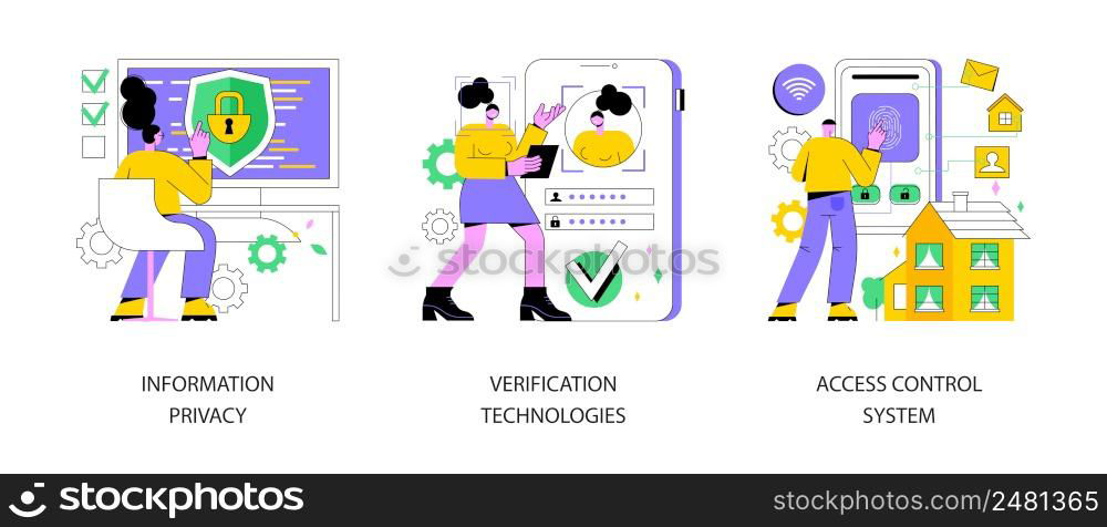 Digital security abstract concept vector illustration set. Information privacy, verification technologies, access control system, data access, user password, social media account abstract metaphor.. Digital security abstract concept vector illustrations.