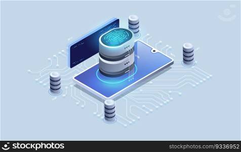 Digital security access with biometrics data. Touch biometrics technology vector illustration of digital fingerprint recognition for personal identity.