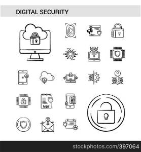 Digital Security hand drawn Icon set style, isolated on white background. - Vector
