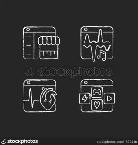 Digital services chalk white icons set on dark background. Music streaming. E-commerce. Medical platforms. App distribution. Personal playlists. Isolated vector chalkboard illustrations on black. Digital services chalk white icons set on dark background