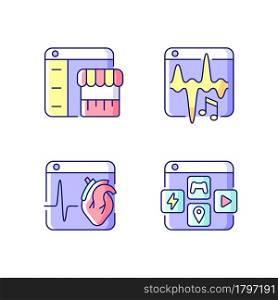 Digital services RGB color icons set. Music streaming. E-commerce. Medical platforms. App distribution. Personal playlists. Isolated vector illustrations. Simple filled line drawings collection. Digital services RGB color icons set