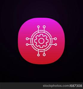 Digital settings app icon. Technological progress and innovation. UI/UX user interface. Gear. Machine learning. Cogwheel in chipset pathways. Web or mobile application. Vector isolated illustration. Digital settings app icon