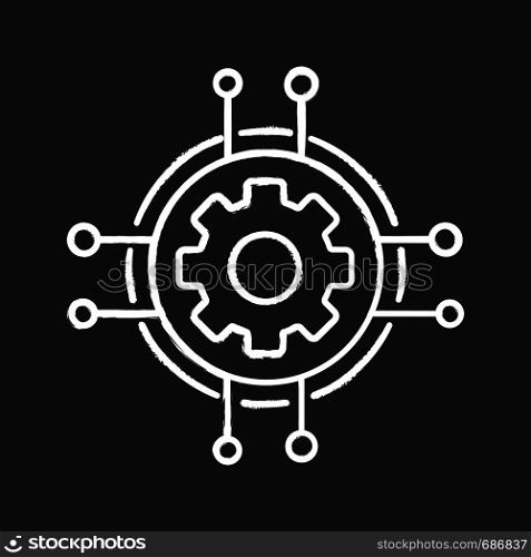 Digital settings chalk icon. Technological progress and innovation. Gear. Machine learning. Cogwheel in chipset pathways. Isolated vector chalkboard illustrations. Digital settings chalk icon