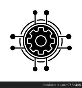 Digital settings glyph icon. Technological progress and innovation. Silhouette symbol. Gear. Machine learning. Cogwheel in chipset pathways. Negative space. Vector isolated illustration. Digital settings glyph icon