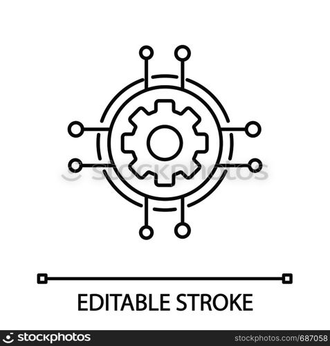 Digital settings linear icon. Technological progress and innovation. Thin line illustration. Gear. Machine learning. Cogwheel in chipset pathways. Vector isolated outline drawing. Editable stroke. Digital settings linear icon