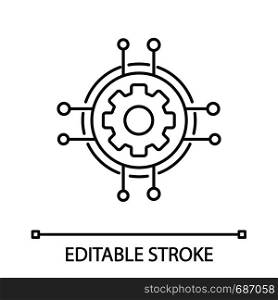 Digital settings linear icon. Technological progress and innovation. Thin line illustration. Gear. Machine learning. Cogwheel in chipset pathways. Vector isolated outline drawing. Editable stroke. Digital settings linear icon