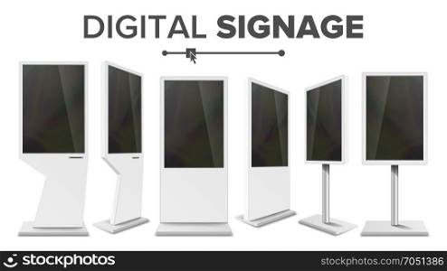 Digital Signage Touch Kiosk Set Vector. Display Monitor. Multimedia Stand. LCD High Defintion Digital Signage. For Restaurants Advertising Projects. Isolated Illustration. Digital Terminal With Touch Screen Vector. Interactive Digital Informational Kiosk. Digital kiosk LED Display. Isolated Illustration