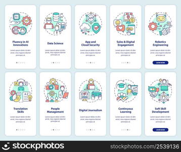 Digital skills and career development onboarding mobile app screen set. Walkthrough 5 steps graphic instructions pages with linear concepts. UI, UX, GUI template. Myriad Pro-Bold, Regular fonts used. Digital skills and career development onboarding mobile app screen set